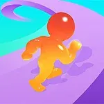 En fargerik figur løper oppover en spiralformet, lilla vei med en gradient bakgrunn i turkis og blått