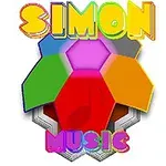 Fargerikt design med ordet SIMON øverst, flerpikslet heksagon i midten, og ordet MUSIC nederst, alle i klare, lyse farger