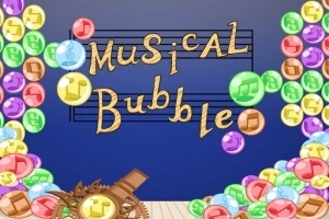 Fargerike bobler med musikalske symboler omgir teksten Musical Bubble på en mørk blå bakgrunn