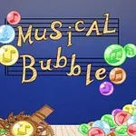 Fargerike bobler med musikalske symboler omgir teksten Musical Bubble på en mørk blå bakgrunn