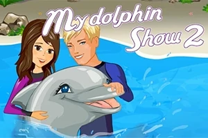 To personer og en delfin i et basseng med teksten My Dolphin Show 2 i bakgrunnen