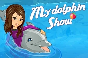 En tegnet jente med en rosa drakt sitter på en delfin i blåttonet vann med teksten My Dolphin Show og en strandball ved siden av