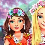 To jenter med blomsterkranser i håret står foran en uskarp bakgrunn av blomstrende trær