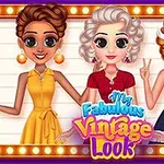 Tre kvinner i vintage kjoler poserer foran en bakgrunn med lyspærer, med teksten My Fabulous Vintage Look i midten