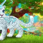 En hvit tigerunge med blå striper og et krystallhorn på pannen står i en fargerik, frodig skog