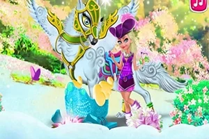 En fantasivesen står ved siden av en fargerik, bevinget hest i en magisk, blomstrende skog