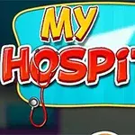 Fargerik illustrasjon med teksten My Hospital i rødt og gult, dekorert med et stetoskop, en sprøyte og bandasjer på en blå bakgrunn