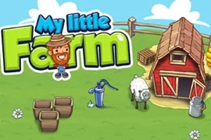 Tegnet gårdsmiljø med titlen My Little Farm, en låve, en sau, og flere gårdsredskaper på grønne bakken
