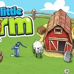 Tegnet gårdsmiljø med titlen My Little Farm, en låve, en sau, og flere gårdsredskaper på grønne bakken