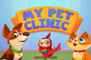 En tegnet hund, fugl og katt foran et skilt med teksten My Pet Clinic