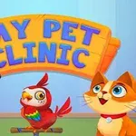 En tegnet hund, fugl og katt foran et skilt med teksten My Pet Clinic