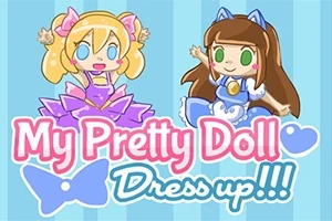 To anime-lignende figurer kledd i fargerike kostymer, med teksten My Pretty Doll Dress up over et blåstripet bakgrunn