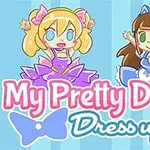 To anime-lignende figurer kledd i fargerike kostymer, med teksten My Pretty Doll Dress up over et blåstripet bakgrunn