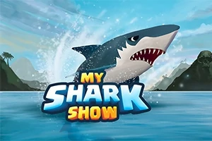 En hai hopper ut av vannet foran teksten My Shark Show med fjell og en blå himmel i bakgrunnen