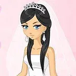 Tegnet kvinne i en brudekjole med tiara og slør mot en rosa bakgrunn med hjerter