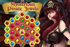 En fantasifull illustrasjon av en kvinne med langt rødt hår og piratinspirert antrekk, omgitt av fargerike juveler i heksagonale brikker
