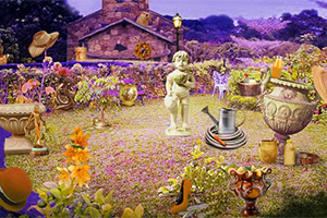 En hage med et utvalg av pyntegjenstander, inkludert en statue av en cherub, vannkanne, store blomsterkrukker og spredte blomster