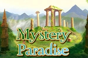 Ruiner med søyler i et grønt landskap med fjell i bakgrunnen og teksten Mystery Paradise