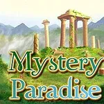 Ruiner med søyler i et grønt landskap med fjell i bakgrunnen og teksten Mystery Paradise