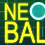 Neon gul tekst med ordene NEON BALL på en mørk bakgrunn med rutemønster, der bokstaven O erstattes av en lysende blå sirkel