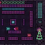 Fargerik arkadeskjerm med neonfargede figurer og symboler over et mønstret brett, samt en tallrekke og et juletræsymbol