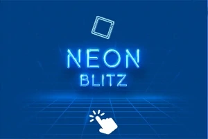 Blå bakgrunn med neon-tekst som sier NEON BLITZ samt en stilisert hånd som peker