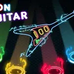 Neon-gitar med fargerike lysstråler og tekst NEON GUITAR i en fargerik skrifttype