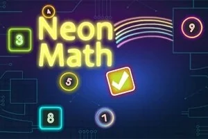Tekst i neonlys med ordene Neon Math omgitt av fargerike, lysende tall og geometriske former på en mørk bakgrunn