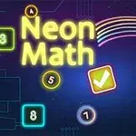 Tekst i neonlys med ordene Neon Math omgitt av fargerike, lysende tall og geometriske former på en mørk bakgrunn