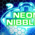 Neonblått og grønt futuristisk emblem med teksten NEON NIBBLET i sentrum mot en bakgrunn av sekskantede mønstre og stjernebilder