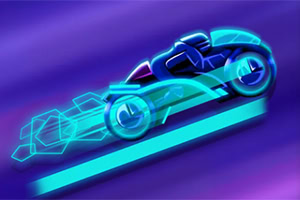 En stilisert neon motorsykkel av blått og grønt med geometriske former på en lilla bakgrunn