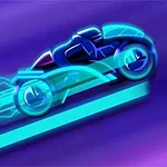 En stilisert neon motorsykkel av blått og grønt med geometriske former på en lilla bakgrunn