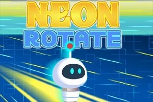 En futuristisk, rund robot med blå detaljer foran en bakgrunn av lyse, diagonale neonlinjer og teksten Neon Rotate i neonfarger over