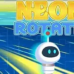 En futuristisk, rund robot med blå detaljer foran en bakgrunn av lyse, diagonale neonlinjer og teksten Neon Rotate i neonfarger over