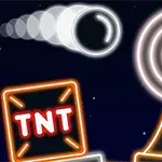 Lysende neonlys med et bevegelig objekt, et blink og en boks merket TNT mot en mørk bakgrunn