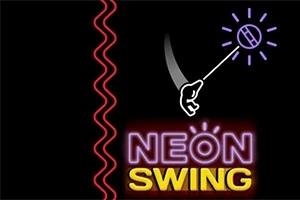 En tegning av en hånd som svinger en lyskule med teksten Neon Swing i neonfarger