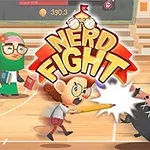 Tegnet scene med elever, hvor en person angriper en annen med en blyant foran teksten Nerd Fight