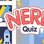 Tittelen NERD Quiz står i sentrum med bakgrunn av tegneserieelementer som en rakett, bøker og retro-spillkonsoll