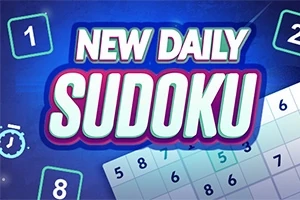 Tekst NEW DAILY SUDOKU i fremtredende stil med tall og deler av et sudoku-brett i bakgrunnen