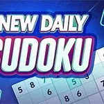 Tekst NEW DAILY SUDOKU i fremtredende stil med tall og deler av et sudoku-brett i bakgrunnen
