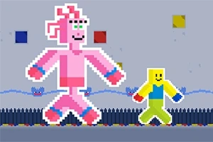 To fargerike, pixelerte figurer går langs en piggete platform med fargerike firkanter i bakgrunnen
