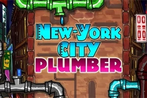 Fargerik illustrasjon med teksten New-York City Plumber omgitt av bybakgrunn og rør