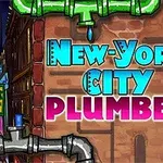 Fargerik illustrasjon med teksten New-York City Plumber omgitt av bybakgrunn og rør
