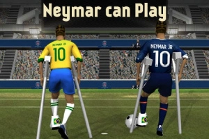 To fotballspillere med krykker står på en bane, en i gul drakt med nummer 10 og en i blå drakt med nummer 10, med teksten Neymar can Play over