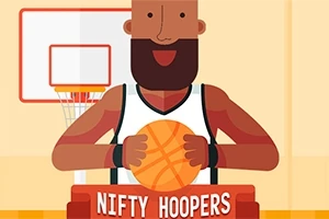 Tegneseriefigur spiller basketball foran en basketballkurv med teksten Nifty Hoopers