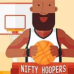 Tegneseriefigur spiller basketball foran en basketballkurv med teksten Nifty Hoopers