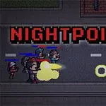 Pixelgrafikk med flere figurer i kamp på en bygate, skuddveksling og teksten Nightpoint