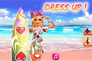 Tegnet figur med blomsterkrans står på en strand ved siden av et surfebrett, med teksten DRESS UP!