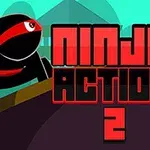 En svart ninja med rødt pannebånd sitter i en actionfylt posisjon ved siden av teksten Ninja Action 2