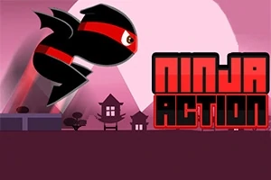En ninja med rødt pannebånd svever i luften foran en rosa bakgrunn med silhuetter av tradisjonelle hus, samt teksten Ninja Action
